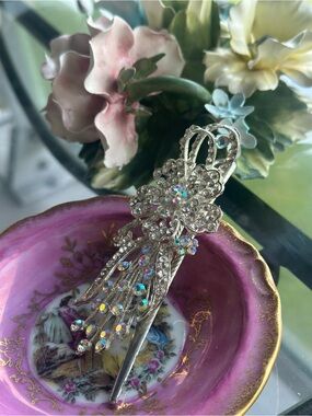 Rhinestone Floral Dangle Hair Fork - Silver AB Crystal